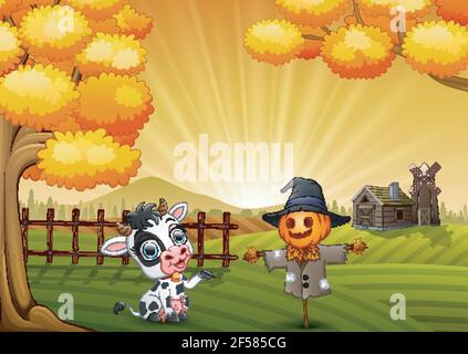 Mucca di cartone animato con lo scarrecrow di Halloween sullo sfondo della fattoria Illustrazione Vettoriale