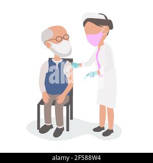 Vaccino del coronavirus. Medico o infermiere con siringa vaccinare un anziano anziano che è seduto in una sedia reshome che indossa le maschere PPE. Illustrazione Vettoriale