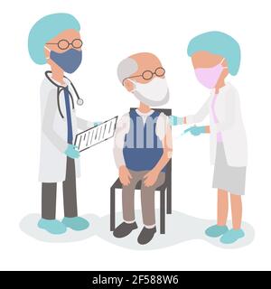 Vaccino del coronavirus. Medico e infermiere con siringa vaccinare un anziano anziano che è seduto su una sedia che indossa le maschere PPE. Illustrazione Vettoriale