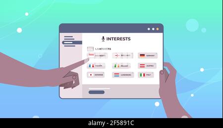 apprendimento del traduttore vocale con le mani che scelgono le lingue straniere sullo schermo del tablet corsi di traduzione online Illustrazione Vettoriale