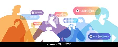 le persone comunicano tramite i social media dell'applicazione di chat audio dei messaggi vocali comunicazione online Illustrazione Vettoriale