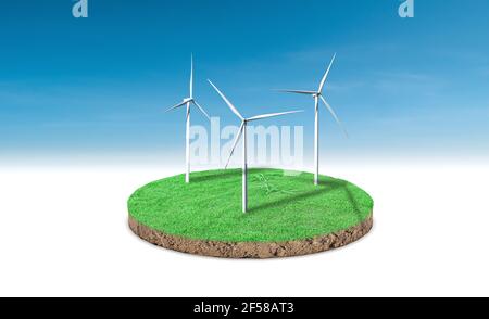rendering 3d. Sezione trasversale di erba verde con turbina eolica su sfondo blu del cielo. Foto Stock
