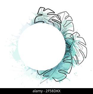 Cornice rotonda con contorno monolina foglie di monstera e spruzzi di acquerello verde. Modello naturale con fogliame tropicale. Post vettoriale monocromatico trendy Illustrazione Vettoriale