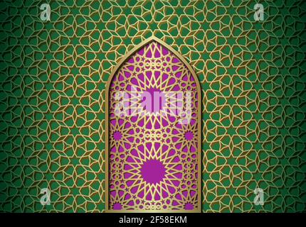 Sfondo astratto con porta, ornamento islamico, motivo geometrico arabico o struttura. Motivo piastrellato dorato su sfondo colorato con cancello. Illustrazione Vettoriale