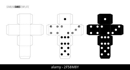 Cubi per set di modelli di carta da gioco. Casino craps e giochi vettoriali illustrazione. Cubi di poker ritagliato nero e bianco blueprint, numeri con Illustrazione Vettoriale