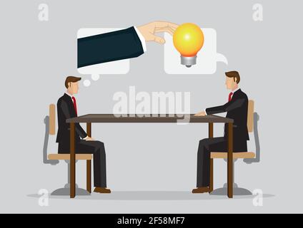 L'uomo d'affari ruba l'idea dal suo collega in riunione di affari. Illustrazione vettoriale isolata su fondo grigio chiaro. Illustrazione Vettoriale