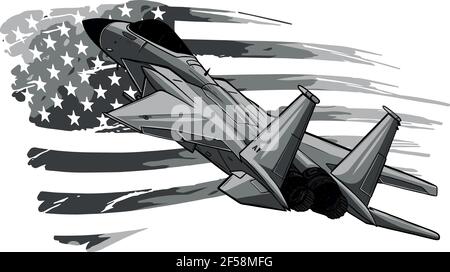 Disegno di aerei da combattimento militari con bandiera americana. Illustrazione vettoriale Illustrazione Vettoriale
