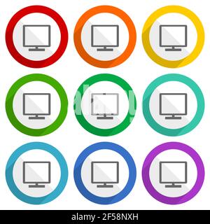 TV, icone vettoriali per la televisione, set di pulsanti colorati a design piatto per applicazioni di webdesign e mobili Illustrazione Vettoriale