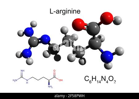Formula chimica, formula strutturale e modello 3D a sfera e bastone di L-arginina, un aminoacido essenziale, fondo bianco Foto Stock