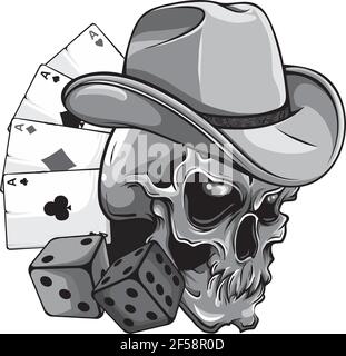 disegno di cranio di cowboy con asso di poker e dadi Illustrazione Vettoriale