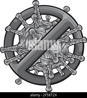 Disegno del segno proibito con l'icona del glifo della particella del virus Illustrazione Vettoriale