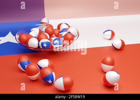 Illustrazione in 3d delle palle con l'immagine della bandiera nazionale del Cile su uno sfondo isolato. Simbolo di stato e patriottico Foto Stock