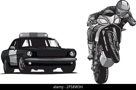 Il disegno dell'automobile della polizia sta inseguendo un criminale su una motocicletta. Illustrazione Vettoriale