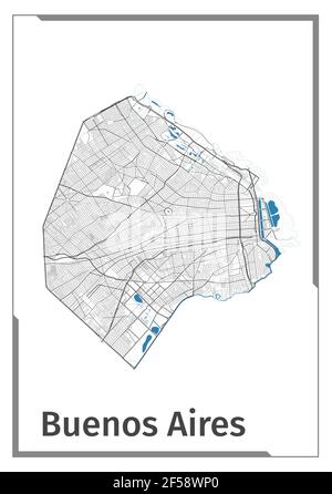 Poster della mappa di Buenos Aires, vista dall'alto dell'area amministrativa. Nero, bianco e blu Mappa dettagliata della città di Buenos Aires con fiumi e strade. Outlin Illustrazione Vettoriale