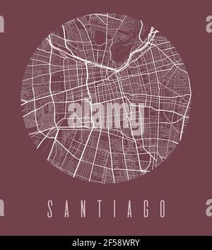Poster della mappa di Santiago. Mappa decorativa della città di Santiago. Paesaggio urbano aria panorama silhouette vista aerea, stile tipografico. Terra, fiume, Hig Illustrazione Vettoriale
