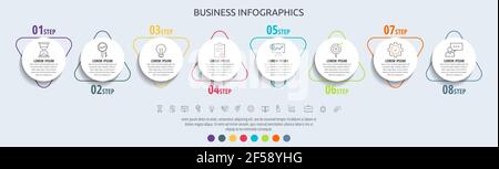 Infografica moderna e semplice di cerchi vettoriali piatti con 8 passi, triangolo. Timeline per diagramma, grafico, layout del flusso di lavoro, presentazioni, diagramma di flusso Illustrazione Vettoriale