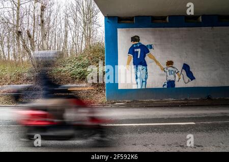 Murale, pittura a ventaglio del Bundesliga club FC Schalke 04, allo stadio Schalke, Veltins Arena, galleria stradale, a Gelsenkirchen, NRW, Germania Foto Stock