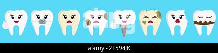 Set di denti cartoni animati, sani e con diversi problemi dentali, illustrazione vettoriale. Illustrazione Vettoriale