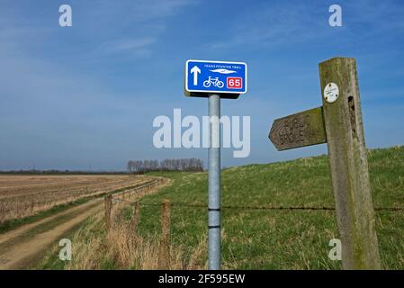 Cartello per il Trans Pennine Trail, vicino a Faxfleet, East Yorkshire, Inghilterra Regno Unito Foto Stock