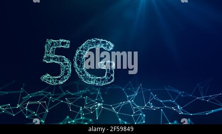 Sfondo astratto big data 5g, concetto tecnologico di connessioni e punti e linee con luce. internet concetto veloce, dati fluidi dinamica. Foto Stock