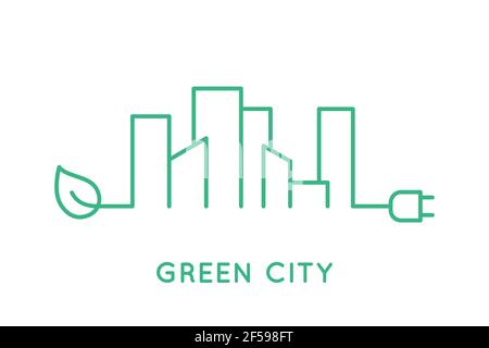 Icona della linea verde dello skyline della città. Paesaggio urbano con una foglia e un tappo. Fonti energetiche sostenibili. Uno stile di vita sano nell'area urbana. Casa intelligente in città. Illustrazione Vettoriale