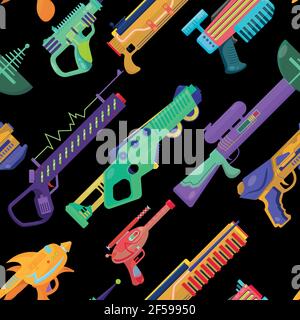 modello vettoriale senza cuciture con blasters. bella illustrazione concettuale dei giocattoli per bambini. stampa per ragazzi. modello di armi futuristiche. Illustrazione Vettoriale