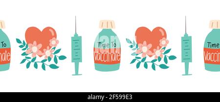 Vaccinare il bordo vettoriale senza giunture. Schema orizzontale ripetuto vaccino Covid siringa flacone dose cuore floreale illustrazione disegnata a mano. Tempo a. Illustrazione Vettoriale