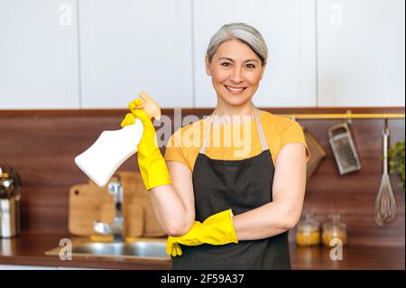 Ritratto gioioso bello duro lavoro maturo grigio-capelli donna asiatica di pulizia o casalinga che lavora in cucina indossando guanti e grembiule, con detergente in mano, guardando la macchina fotografica, sorridendo Foto Stock