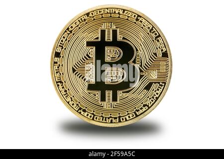 Bitcoin criptovaluta pagamento online pagare denaro digitale criptovaluta business finanze isolate su moneta bianca Foto Stock