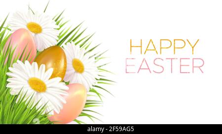 Sfondo pasquale con uova e margherite e dandelioni. Modello per biglietto d'invito, banner, poster con uova di pasqua e fiori di primavera Illustrazione Vettoriale