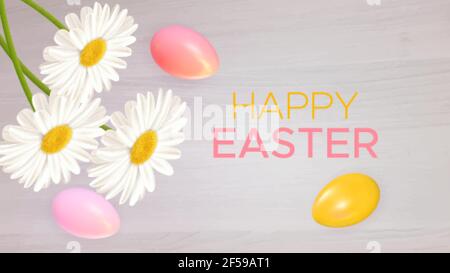 Composizione pasquale con uova e margherite pasquali realistiche su sfondo di legno. Pasqua sfondo di fiori di primavera con iscrizione buona Pasqua Illustrazione Vettoriale
