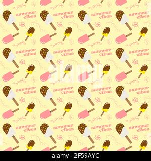 Colori senza cuciture con farfalla abbozzata, piante e gelato su sfondo giallo Illustrazione Vettoriale
