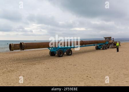 Cat Caterpillar D7H Serie II trasporto di grandi tubi su rimorchio lungo la spiaggia per lavori di rifornimento delle spiagge di Bournemouth e Poole, Dorset UK Foto Stock