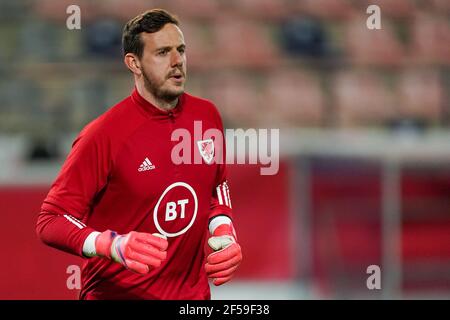 Danny Ward of Wales si riscalda durante la Coppa del mondo FIFA 2022, la partita di calcio del gruppo e dei qualificatori tra Belgio e Galles il 24 marzo 2021 al King Power allo stadio Den Dreef di Leuven, Belgio - Foto Jeroen Meuwsen / Orange Pictures / DPPI / LiveMedia Foto Stock