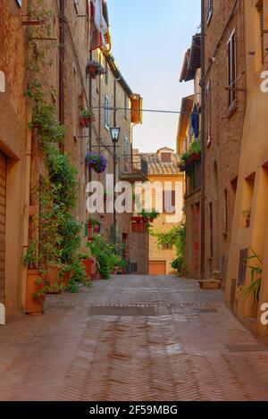 Bella strada stretta con luce del sole e fiori nel piccolo magico e antico borgo di Pienza, Val D'Orcia Toscana, Italia Foto Stock