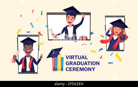 Cerimonia di laurea virtuale 2021. Videochiamata online con laureati multietnici Illustrazione Vettoriale