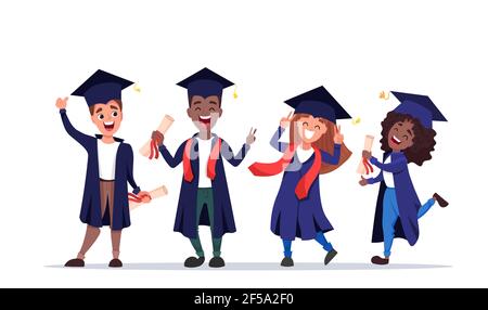 Felici studenti diplomati che indossano abiti accademici con diplomi nelle loro mani. Illustrazione Vettoriale