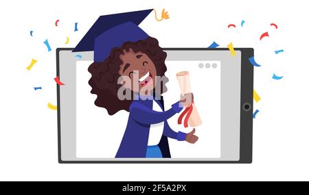 African - giovane ragazza diplomata americana sorridente e titolare di un diploma in tavoletta. Illustrazione Vettoriale