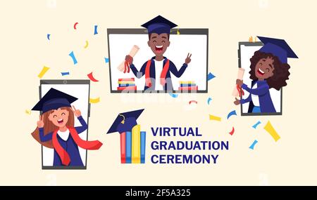 Cerimonia di laurea virtuale 2021. Videochiamata online con laureati multietnici Illustrazione Vettoriale