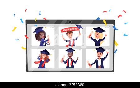 Gruppo di laureati multietnici in abiti accademici e cappelli celebranti laurea durante il blocco del coronavirus Illustrazione Vettoriale