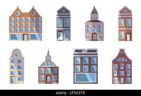 Set di vecchie case, negozi e fabbriche di colore europeo nel tradizionale stile della città olandese. Illustrazione vettoriale nello stile piatto isolato su un bianco Illustrazione Vettoriale