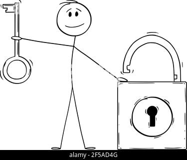 Man Holding Key and Lock, concetto di sicurezza, illustrazione della figura di Vector Cartoon Stick Illustrazione Vettoriale