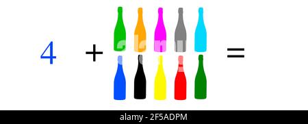 Semplici calcoli matematici, addizione, sottrazione, moltiplicazione e divisione. Calcoli aritmetici con oggetti colorati. Problemi Foto Stock