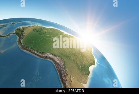 Il sole splende su un'alta vista dettagliata del pianeta Terra, focalizzata sul Sud America, la foresta pluviale amazzonica e il Brasile - elementi forniti dalla NASA Foto Stock
