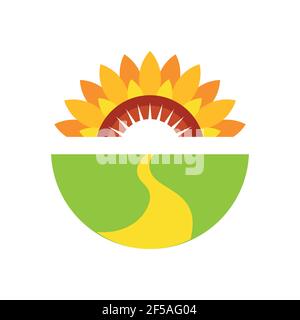 Logo girasole giallo, fiore sole estate caldo. Illustrazione vettoriale. Illustrazione Vettoriale