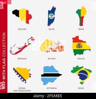 Mappa con raccolta bandiere, nove mappe con bandiera del Belgio, Belize, Benin, Bermuda, Bhutan, Bolivia, Bosnia-Erzegovina, Botswana, Brasile Illustrazione Vettoriale