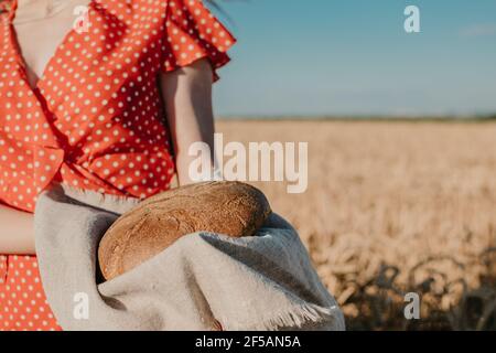 Ricetta fatta in casa per il pane di pasta acida. Pane artigianale fatto in casa in mani di donna su sfondo campo di grano. Pane rotondo in mani femminili Foto Stock