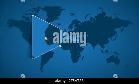 Mappa dettagliata del mondo con mappa ingrandita del Senegal e dei paesi vicini. Bandiera e mappa del Senegal. Illustrazione Vettoriale