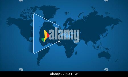 Mappa dettagliata del mondo con mappa ingrandita del Mali e dei paesi vicini. Mali bandiera e mappa. Illustrazione Vettoriale
