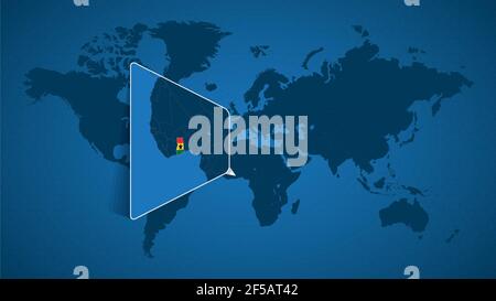 Mappa dettagliata del mondo con mappa ingrandita del Ghana e dei paesi vicini. Bandiera e mappa del Ghana. Illustrazione Vettoriale